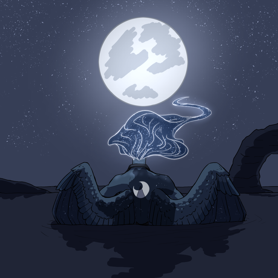 Drawing of Luna, a blue woman with wings, darker splotches across her back, a crescent moon mark between her shoulders, and floating hair that resembles the night sky. She's standing in a body of water, looking up at the full moon. The viewer is behind her, also looking at the moon.