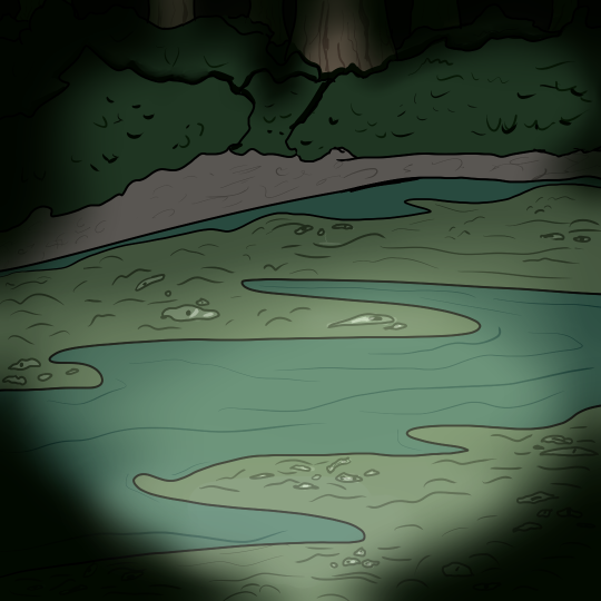 Drawing of a pond full of algae, lit by a flashlight. The algae is full of eyes.