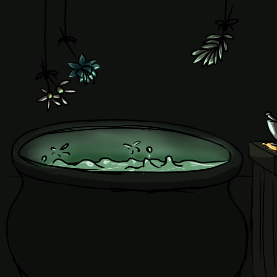 Drawing of a glowing cauldron in a dark room. Several types of herbs hang from overhead.