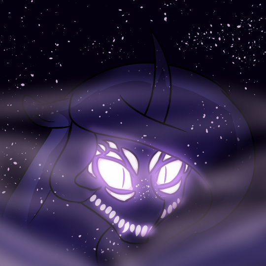 Drawing of the Tantabus from MLP:FiM, which is a dark, starry, pony-shaped cloud. It has several extra eyes, which are glowing.