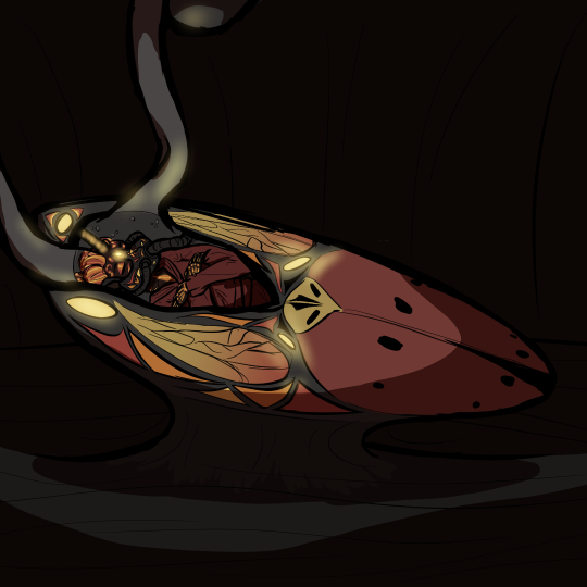 Drawing of a Changeling Queen inside a pod-like machine that resembles a uterus, with accompanying fallopian tubes and ovaries. The machine is decorated with insect and ladybug-themed imagery, in varying shades of red, orange, and yellow.