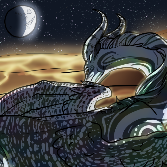 Drawing of a large iridescent half-white half-black creature with wings and horns, named Concordia, looking out over the molten landscapes she was born from.