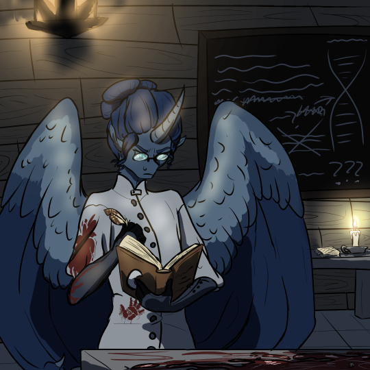 Drawing of Luna wearing a lab coat, spattered in blood, standing next to a blood-soaked table. She's writing in a book.