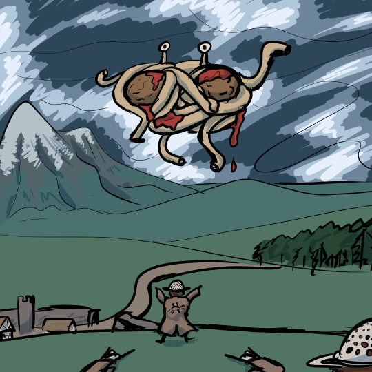 Drawing of the Flying Spaghetti Monster being summoned by a few loyal Pastafarians.