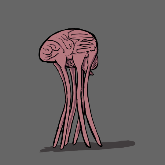 Drawing of a human brain, but it's standing on six tentacle legs in a manner like the Hanar from Mass Effect.