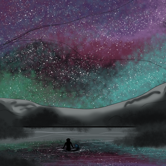 Drawing of still water under a colorful starry sky. There’s a tiny figure sitting on top of the water.