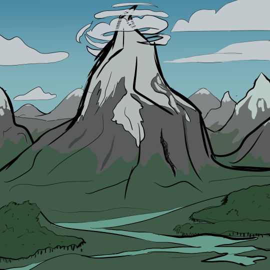 Drawing of a gigantic snow-capped mountain. The peak has several rings of clouds around it.