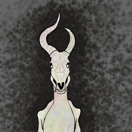 Drawing of an iridescent white skeletal horse-like creature with asymmetrical horns. It is facing forwards, staring directly at the viewer.