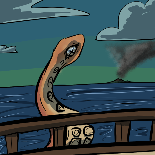 Drawing of a large tentacle with an eyeball in the end. It's peering over the railing of a ship.