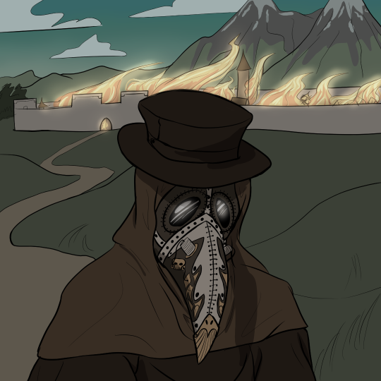 Drawing of someone wearing a plague mask. The mask has several decorative elements on it. The person is walking away from a flaming village.