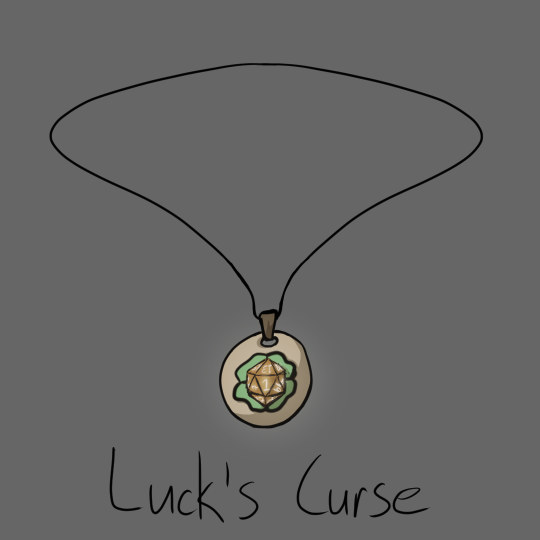 Drawing of a pendant necklace. The pendant has a 20-sided die, with the 1 side facing the viewer, on top of a four leaf clover.