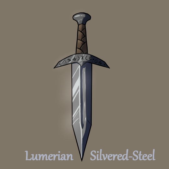 Drawing of a silver-steel dagger. Runes are written into the crossguard. Text across the bottom reads 'Lumerian Silvered-Steel'.