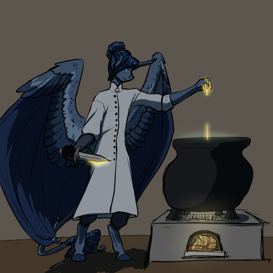 Drawing of Luna, wearing the same lab coat from Day 9, standing next to a cauldron. In one hand she's holding a dagger, which has golden blood along one edge. Her other arm is out over the cauldron, clenching her hand tightly as it bleeds into whatever substance is inside.