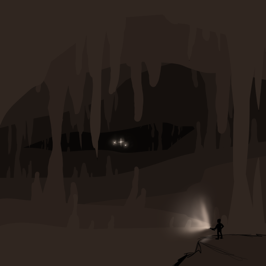 Drawing of a man standing inside a massive cave. At the very back there’s a few glints of light.