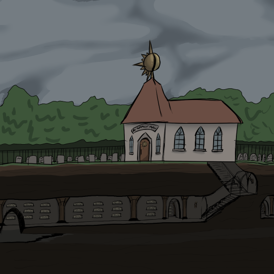 Drawing of a graveyard with a building in it. There's a cutaway so the viewer can see underground, where the catacombs are. The visible walls of the tunnel are covered in burial plaques, and we can see into other tunnels which look much the same, suggesting there are a great many people buried here.