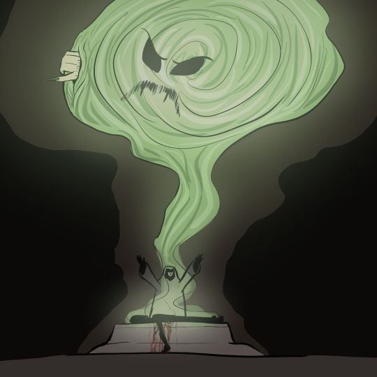 Drawing of a demonic summoning ritual. There's a cloaked figure standing behind an altar, which has a body on it. Glowing green portal appearing over the body, with something crawling out of the portal.