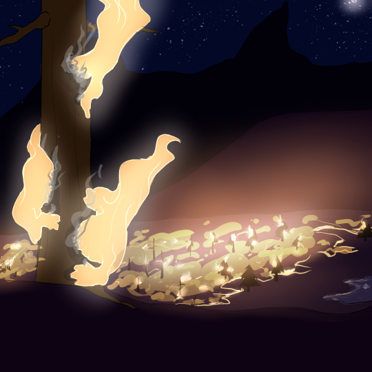 Drawing of a wildfire at night. View is looking down from a hill, with a lone tree in the foreground. The tree is being eaten by three fire spirits. In the background there are several more spirits like this, feeding on the trees caught in the blaze.