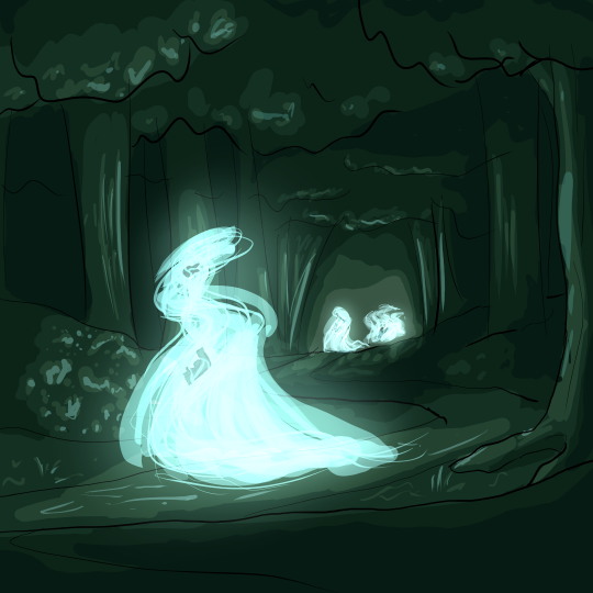 Drawing of a path winding through a dark forest. The darkness is interrupted by three glowing spirits walking along the path towards the foreground. They’re composed of swirling blobs, with humanoid bones in their centers.