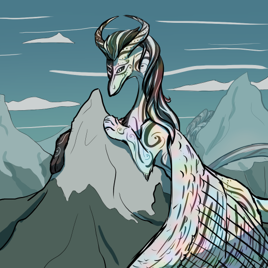 Drawing of a titanic creature lounging over the peak a mountain. It’s half white with black markings, and half black with white markings. It resembles a cat-like dragon - paws, feathered wings, and two horns on its head. Its tail is draped over a few mountain peaks behind it, fading into the distance.