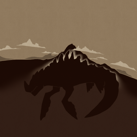 Drawing of a large monster resting underground. Spines along its back take up most of the space inside a large mountain. The entire image is in browns and tan sepia tones.