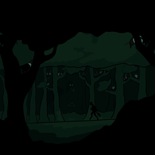 Drawing of a person walking through a dark forest. Multiple magpies are perched in the trees. A faint silhouette of four gigantic birds is visible through the trees - a female terror-bird and her three chicks. The chicks are the same height as the person, while their mother is easily twice as tall.