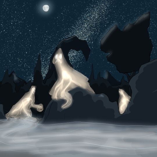 Drawing of a ruined stone building on a dark moonlit night. Trees and tall rocks interrupt the shape of the galaxy in the sky. The ground is covered in a thick river of fog, while three ghosts wander around the building.