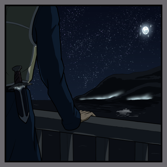 Drawing of a person standing at the railing of a ship, looking at the shore they're sailing past. The blade of their dagger is glowing. It’s nighttime, with a full moon hanging in the sky. There's a strange, bright fog clinging to the shoreline.