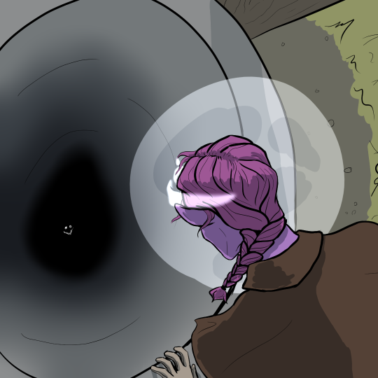 Drawing of a woman peering into a well. At the bottom is the silhouette of a grinning face, staring up at her. The woman has purple skin and pink hair. Behind her is a halo-like moon, and a glowing white crown sits atop her head.