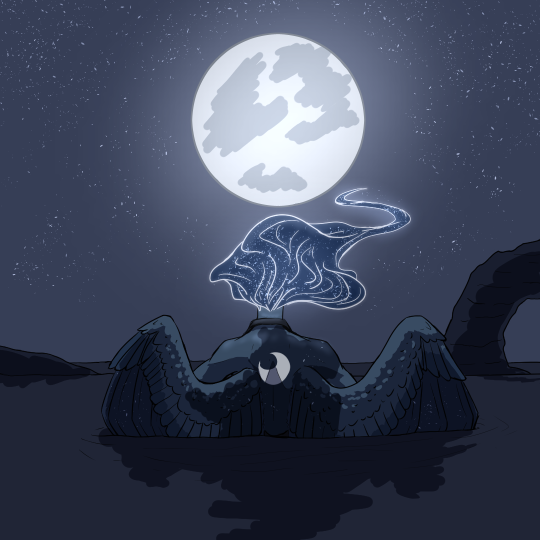 Drawing of a winged blue woman standing in the ocean with her back to us. She’s staring at the full moon. Her hair resembles the night sky, floating against the wind. A crescent moon and a splotch of darker blue are visible on her back.