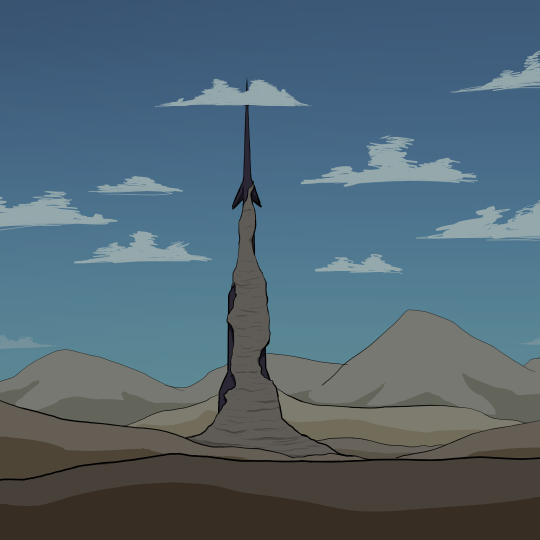 Drawing of an alien building partially covered in rock. It stands tall enough to reach the clouds. The surrounding landscape is rolling rocky hills.