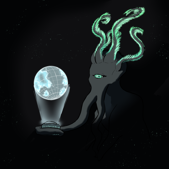 Drawing of a tentacle-faced alien creature looking at a holographic planet. The creature has one large eye, and four small tendrils adorned with glowing fronds on its head.