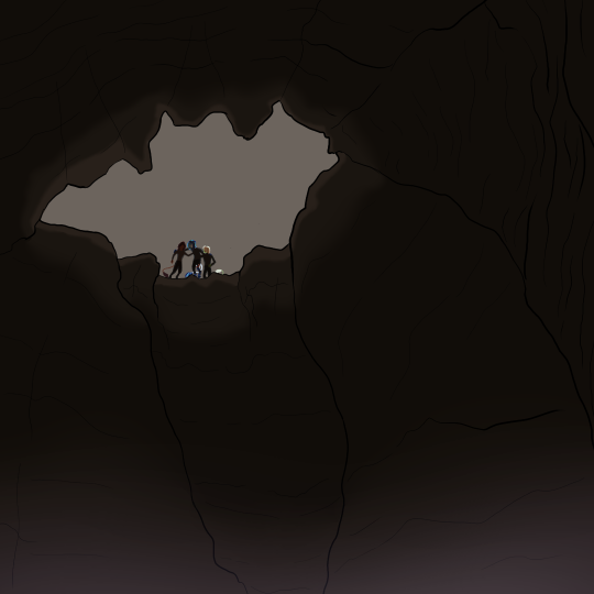 Drawing of the entrance to a rocky pit. The perspective is in the bottom looking up at the entrance, which vaguely resembles a fanged mouth. Three figures are silhouetted against the lighter sky. The middle figure is hunched over, being supported by the other two.