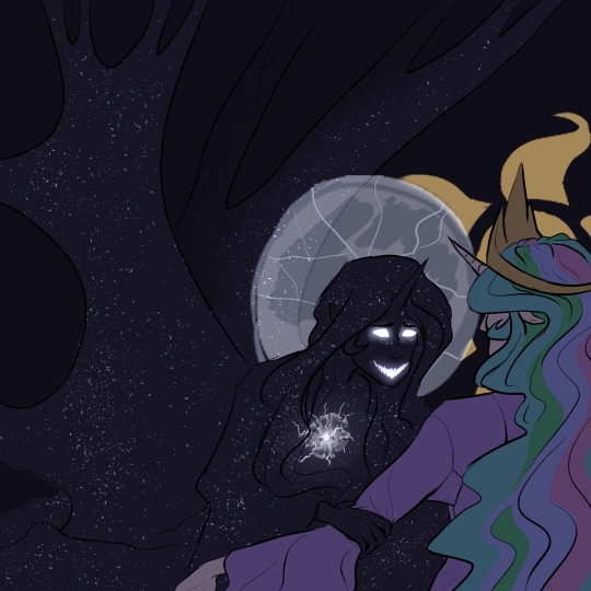 Drawing of Princess Celestia and a re-designed Nightmare Moon. Nightmare Moon, now more of a puddle of night sky than a person, is gripping Celestia’s arm, leaning forward with a toothy grin while Celestia leans back.