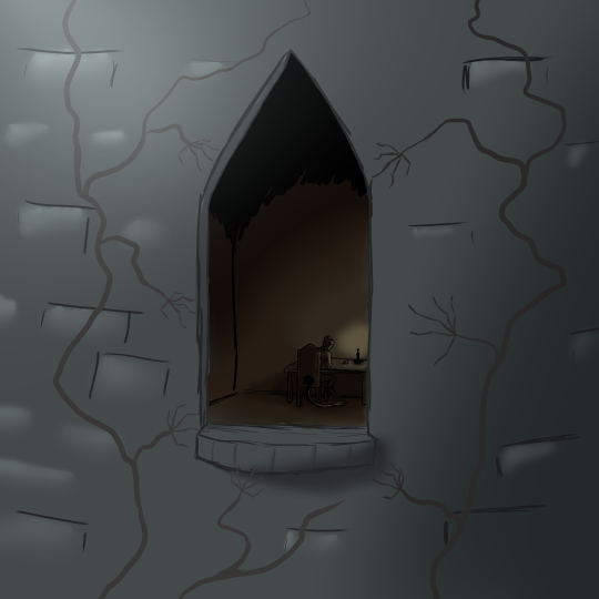 Drawing of a window in a stone tower. Vines creep up the walls, with hand-shaped clumps reaching for the window. Inside the tower is lit by faint candlelight, revealing a figure sitting at a desk. Their back is facing the window.