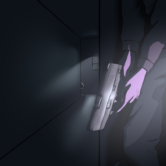 Drawing of a woman peeking around a corner into a hallway while holding a gun. At the end of the hallway, a monster lurks behind another corner. The scene is dark except for moonlight through the window, and a flashlight from behind the woman.