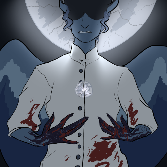 Drawing of Princess Luna, wearing the same blood-stained outfit from 2020's Apoctober, standing while facing the camera. She’s looking down at her hands, held up in front of her chest. Her hands are turning dark and starry, and are also covered in blood. A halo of the full moon is behind her head, cracking to pieces.