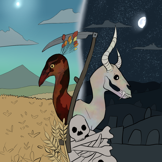 Drawing of a scythe in front of two figures. The figures are facing away from each other, only visible from the shoulders up, the scythe forming the border between them. On the left, the scene is a sunny day over a wheat field. On the right, a dark moonlit night in a graveyard. The left figure is a dark brown peahen, the spirit of Life, and the right one is a pale, skeletal deer, the spirit of Death. Both have an iridescent effect to them.