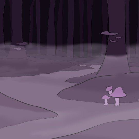 Drawing of a forest at night, rendered in monochrome purple. The ground is covered in a thick layer of glowing fog. There’s a cluster of mushrooms on the ground, as well as on two of the trees.