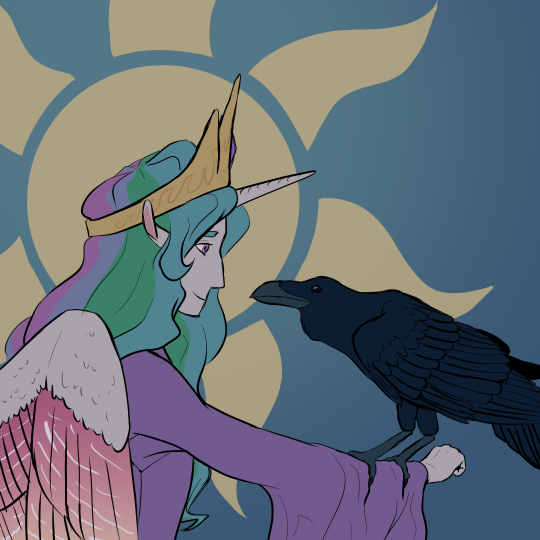 Drawing of Princess Celestia with a raven perched on her outstretched arm. The background is a blue gradient, with a large sun behind Celestia’s head.