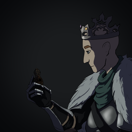 Drawing of a bald woman in armor and a fur cloak staring at a strange object in her hand. The object is shaped almost like a human, dotted with holes, and has a swirling darkness on its back. The woman’s expression is one of tired reflection. An iron crown sits atop her head.