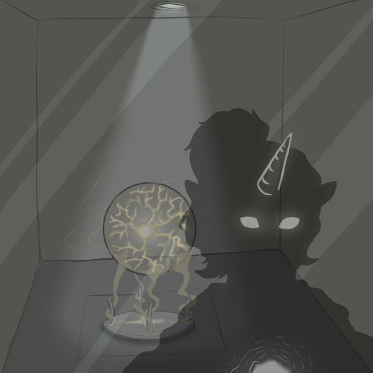 Drawing of a museum exhibit case. Inside the case floats a glowing ball, with lightning-like energy crackling inside it. Reflected on the case’s glass is the silhouette of a person with glowing eyes.