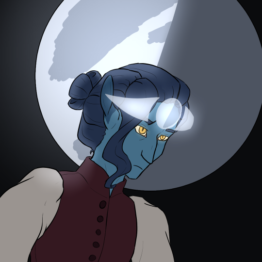 Drawing of a blue woman standing in front of the moon on a black background. The woman is wearing a dark red waistcoat and a light-colored blouse with puffy sleeves. Her eyes are gold, with vertical pupils. A moon-themed crown floats in front of her forehead.