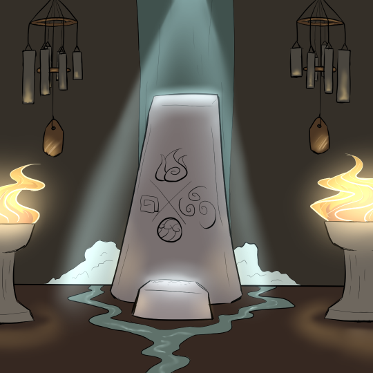 Drawing of a dark brown room. In the center there’s a large stone column behind a stone coffin. There are two lit braziers beside the coffin. Two wind chimes hang overhead. Behind the stone column a waterfall runs down the back wall, flowing into two streams of water around the column and coffin, like a moat.