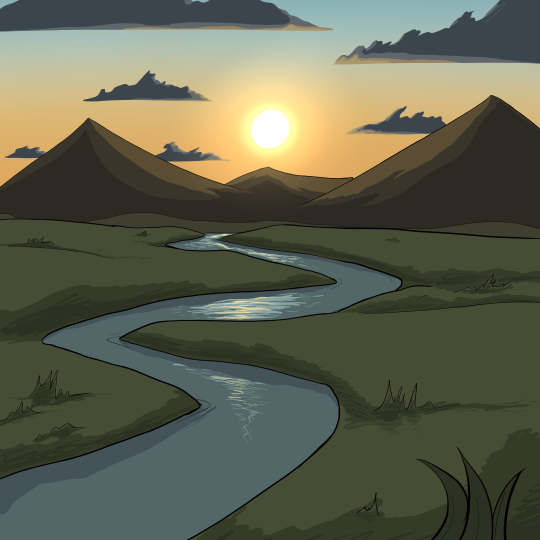 Drawing of a river at sunset. The river runs toward distant mountains, with the sun almost touching their peaks. A few clouds float in the sky.