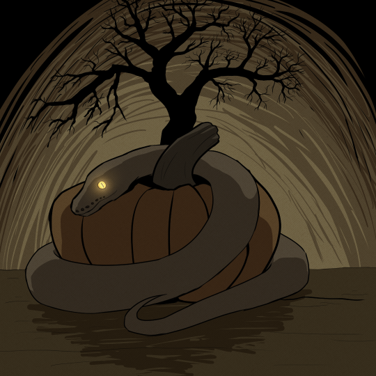 Drawing of a snake coiled around an orange pumpkin. The background is the silhouette of a large tree against a sepia-tone sky. The snake is a solid brown color, with glowing gold eyes.