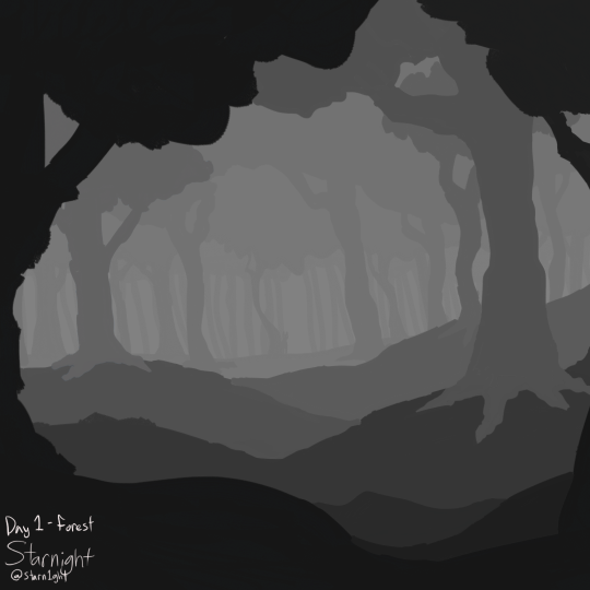 Greyscale drawing of a forest. The trees get progressively lighter and closer together as they get further away. In the far distance is a strangely curved tree, with a figure standing next to it. In the bottom left is white handwriting that says 'Day 1 - Forest. Starnight. @starn1ght.'