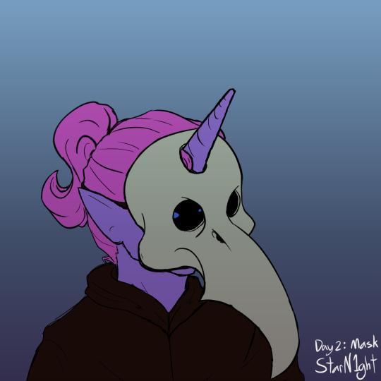 Drawing of an anthro unicorn woman, the same from some of 2021's drawings, wearing a bird skull as a mask. She’s facing the right at a three-quarters angle. Her skin is purple, her eyes are blue, and her hair is pink. She’s also wearing a dark brown cloak. The background is a simple blue gradient. In the bottom right is handwriting that says 'Day 2: Mask. Starnight.'