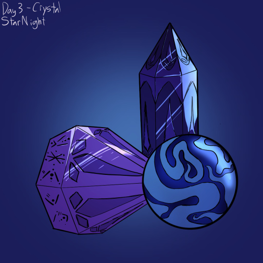 Drawing of three crystals with various types of rune carved into them. One is diamond-shaped and pink, one is a blue sphere with white swirls, and one is a long quartz-like shape, colored purple. The background is a blue gradient. In the top left is handwritten text saying ‘Day 3 - Crystal. Starnight.’