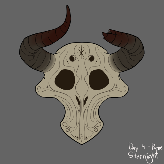 Drawing of a horned skull. Both horns are stained with blood. One is broken. There are multiple flowing lines, stars, and moons carved into the bone. In the bottom right is handwritten text saying, “Day 4 - Bone. Starnight.”