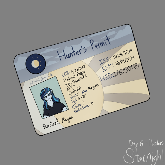 Drawing of a photo ID card. It’s labeled ‘Hunter’s Permit’, and contains information about a young woman named Radiant Aegis. In her photo she’s wearing a simple black t-shirt. The background of the card is a sun and moon symbol. In the bottom right of the full image is text reading 'Day 6 - Hunters. Starnight.'